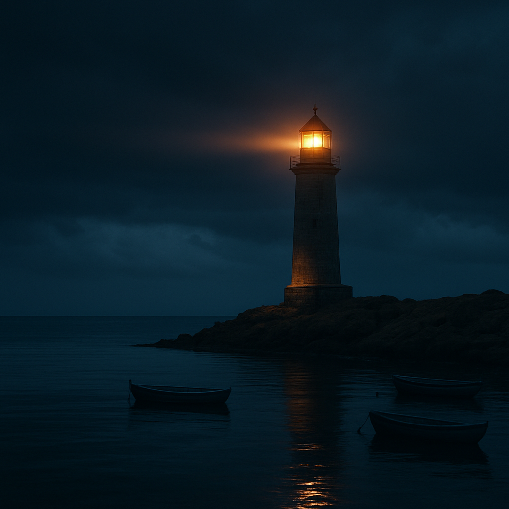 A lighthouse casting a warm golden beam over a calm harbor with distant storm clouds